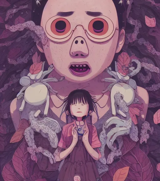 Prompt: portrait, nightmare anomalies, leaves with spirited away by miyazaki, violet and pink and white palette, illustration, kenneth blom, mental alchemy, james jean, pablo amaringo, naudline pierre, contemporary art, hyper detailed