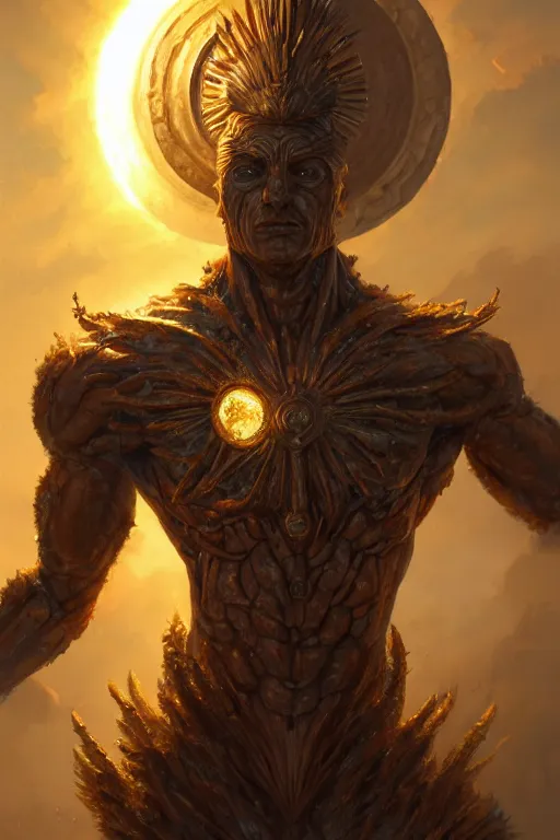 Image similar to humanoid god of the sun, highly detailed, d & d, fantasy, hyper detailed, digital painting, trending on artstation, apollo, concept art, sharp focus, illustration, art by artgerm and magali villeneuve and greg rutkowski and michael whelan, cryengine, 8 k realistic atmospheric lighting, frostbite 3 engine