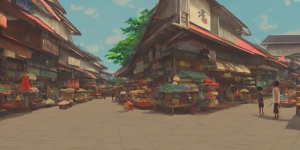 Prompt: shops at pulau indah town, early morning, detailed matte painting, low angle view, telephoto lens, bokeh, studio ghibli, artstation