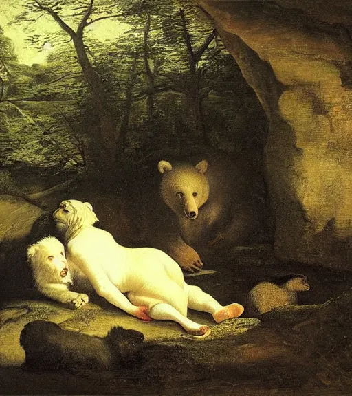 Image similar to viewer looking into dark cave and seeing a mother bear and her cubs sleeping, night time, artwork by Pieter Claesz, impressionism