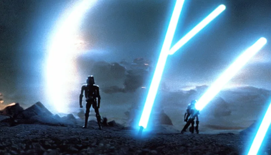 Prompt: iconic cinematic screenshot of sith planet, thriller scene from the star wars sci fi film directed by stanley kubrick, glowing lasers, 4 k, uhd film still, anamorphic lenses 2 4 mm, lens flare, award - winning