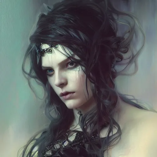 Image similar to dark goth queen with blue eyes, dark fantasy, hyperrealistic portrait, art of elysium by jeremy mann and alphonse mucha, fantasy art, photo realistic, dynamic lighting, artstation, ginger hair, volumetric lighting, very detailed face, 4 k, award winning