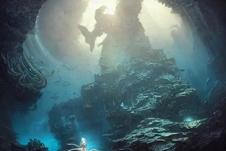 Image similar to a beautiful mermaid looking at the sunken city of Atlantis under water, rays of sunlight, stunning undersea grand architecture in the style of Joe Fenton, art style by Greg Rutkowski and Mohrbacher, deep underwater scene, dark and moody, faint volumetric god rays, grim crushing atmosphere