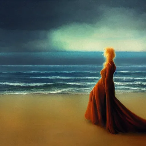 Image similar to atmospheric dreamscape painting of a woman on a pier on a stormy day, gazing out over the tormented waters by moebius and john harris, atmospheric blues, concept art, saturation 40