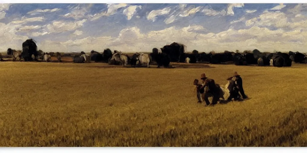 Image similar to a field full of Amish Farmers shocking wheat by John Singer Sargent