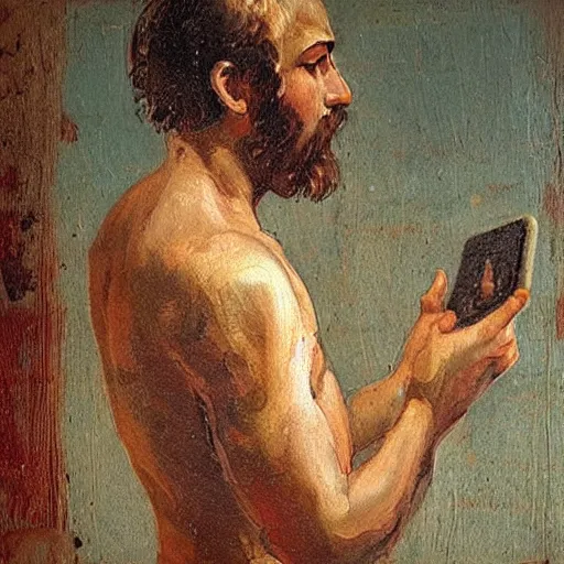 Prompt: “man on iPhone, Ancient Greek painting”