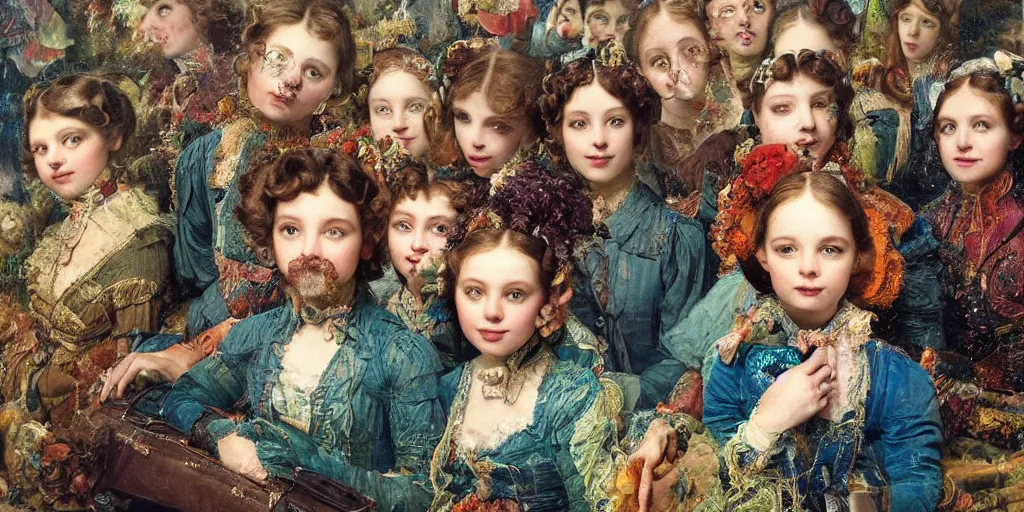 Image similar to detailed colour masterpiece of photography group portrait of people sat down extreme closeup, in the inside of the beautiful underwater crowded train to atlantis, detailed realistic expressions, wearing unusual clothes, by william powell frith