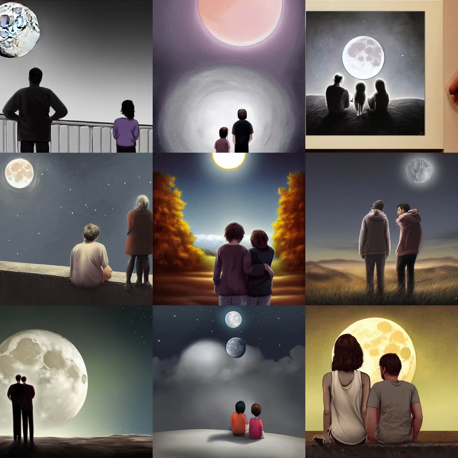 Prompt: Two people looking at the moon, melancholic, digital painting, hyper realistic, detailed, lots of details