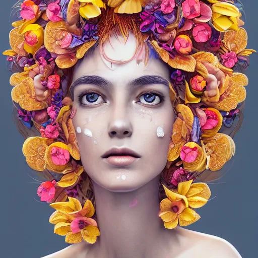 Prompt: the portrait of an absurdly beautiful, graceful, elegant woman made of bananas and petals, an ultrafine detailed illustration by irakli nadar, naoki ikushima, mika iizuka, intricate linework, bright colors, final fantasy, behance contest winner, angular, unreal engine 5 highly rendered, global illumination, radiant light, detailed and intricate environment