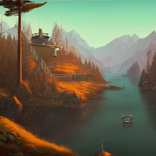 Image similar to A large picturesque mountain with a river flowing between them by Simon stålenhag