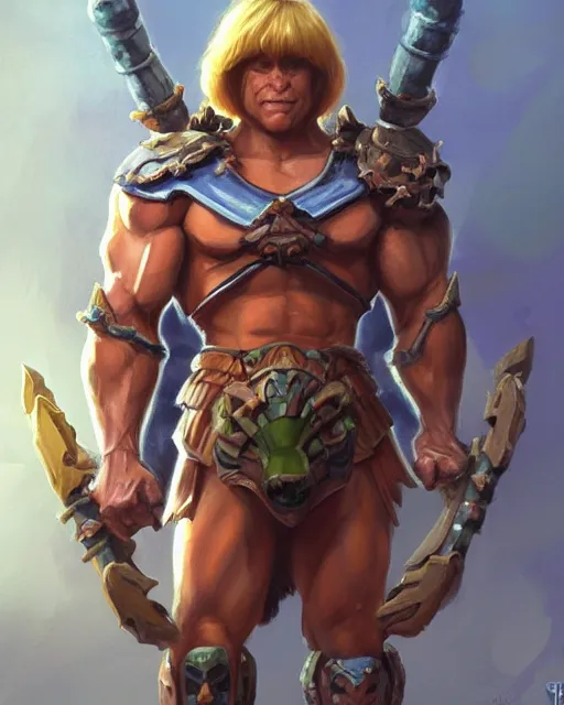 Image similar to He-Man!!!!!, close up, ghibli!! ,sci fi,fantasy, intricate, german iron cross chest armor ,elegant, loin cloth ,highly detailed, oil painting, artstation, concept art, matte, sharp focus, illustration, dramatic, sunset,hearthstone, art by Artgerm and Greg Rutkowski and Alphonse Mucha