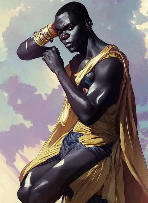 Image similar to young african man. is dressed as a superhero. clean elegant painting, beautiful detailed face. by artgerm and greg rutkowski and alphonse mucha