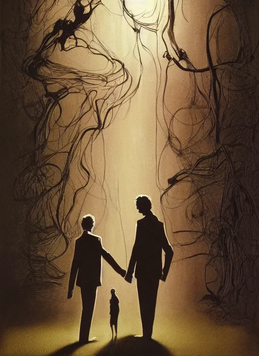 Image similar to portrait of Mads Mikkelsen and Hugh Dancy holding hands romantically as they chaperone school dance by Zdzislaw Beksinski, Michael Whelan, Bob Larkin and Tomer Hanuka, simple illustration, domestic, nostalgic, clean, Matte painting, trending on artstation and unreal engine, New Yorker magazine cover, 1980s romance book cover