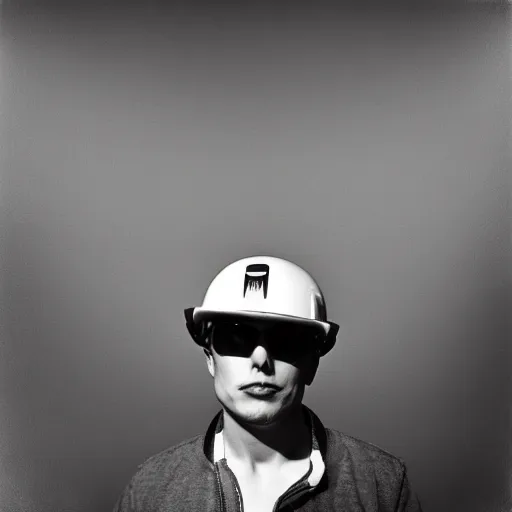 Prompt: photo of Elon Musk by Diane Arbus, black and white, high contrast, Rolleiflex, 55mm f/4 lens