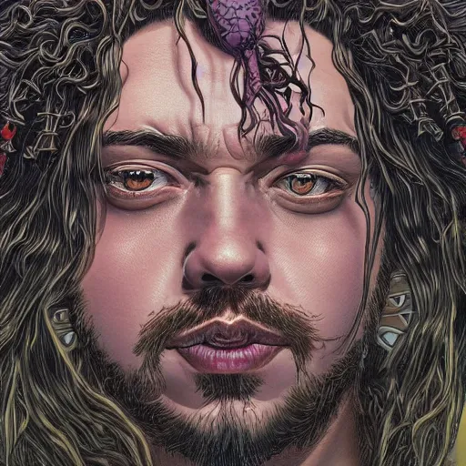 Image similar to portrait closeup of crazy post malone, symmetrical, by yoichi hatakenaka, masamune shirow, josan gonzales and dan mumford, ayami kojima, takato yamamoto, barclay shaw, karol bak, yukito kishiro