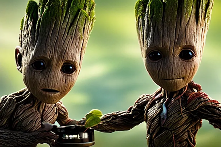 Prompt: an ultra realistic, cinematic headshot portrait, of baby groot, eating a whole banana, background of a vast serene landscape, with trees and rivers, detailed, deep focus, movie still, dramatic lighting, ray tracing, by michal karcz and yoshitaka amano