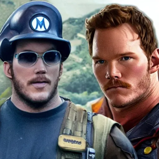 Prompt: chris pratt dressed as mario in a navy seal fire fight
