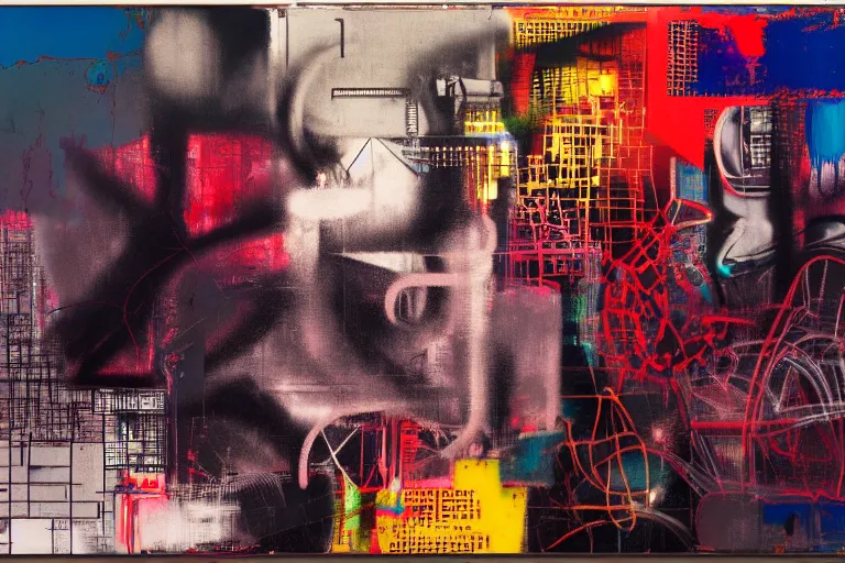 Image similar to neural industrial machines, multilayer glitch effect in spatial perceptron synapses, matte painting, 4 k, epic composition, volumetric light, abstract illusionism, by robert rauschenberg, edvard munch, jean - michel basquiat, pour paint, modern street art, grunge wall