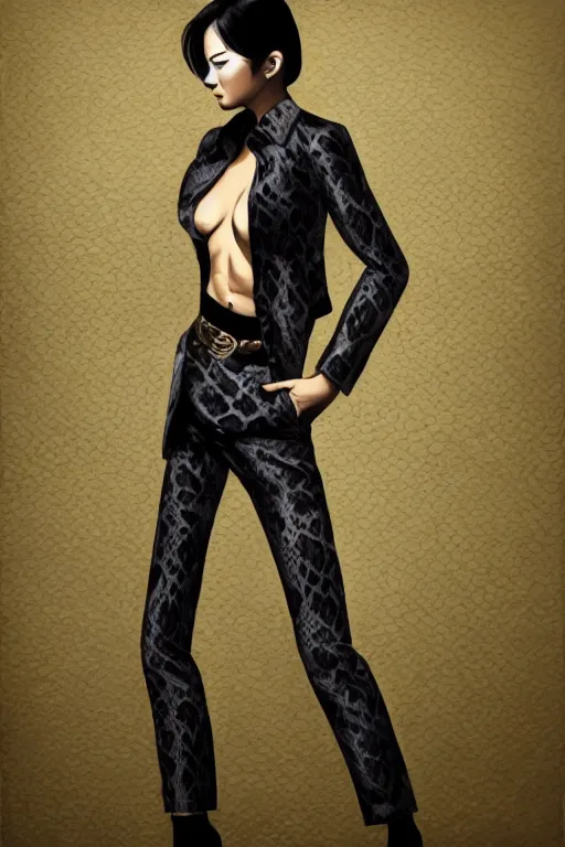 Image similar to yakuza slim girl, gold suit jacket in snake print, jacket over bare torso, yakuza tattoo Irezumi on body, black short curtain haircut, black leather pants with black belt, portrait, beautiful face, elegant, 2d, ultra highly detailed, digital painting, smooth, sharp focus, artstation, art by Ilya Kuvshinov, rossdraws