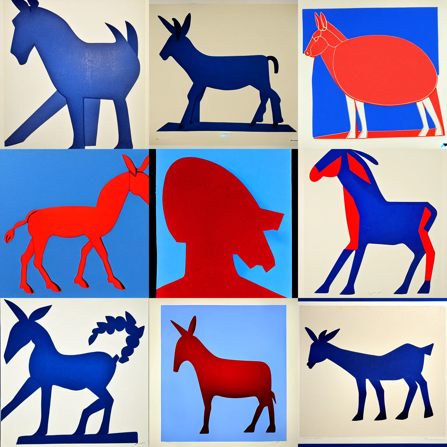 Image similar to lithograph of donkey!! cycladic sculpture, simplified, silhouette, full body, solid colors, block print, iconic, side view, centered, white background, ultramarine blue and red iron oxide