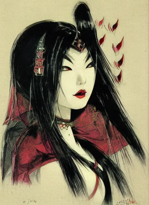 Image similar to portrait of mighty korean vampiress, jeweled veil, strong line, saturated color, beautiful! coherent! by frank frazetta, high contrast, minimalism