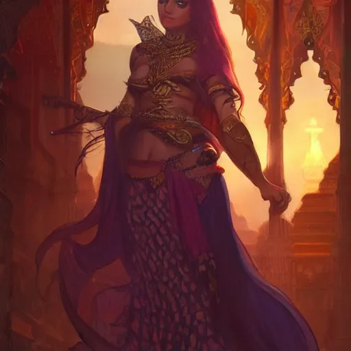 Image similar to indo-persian princess, D&D, painted fantasy character portrait, highly detailed, digital painting, artstation, concept art, sharp focus, illustration, art by artgerm and greg rutkowski and alphonse mucha