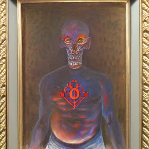 Image similar to portre of an autistic demon on acid, masonic and kabalistic symbols in background, oil painting