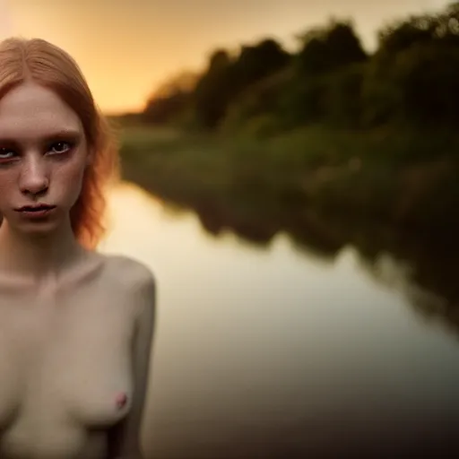 Prompt: photographic portrait of a stunningly beautiful english amphibian renaissance female in soft dreamy light at sunset, beside the river, soft focus, contemporary fashion shoot, hasselblad nikon, in a denis villeneuve and tim burton movie, by edward robert hughes, annie leibovitz and steve mccurry, david lazar, jimmy nelsson, extremely detailed, breathtaking, hyperrealistic, perfect face
