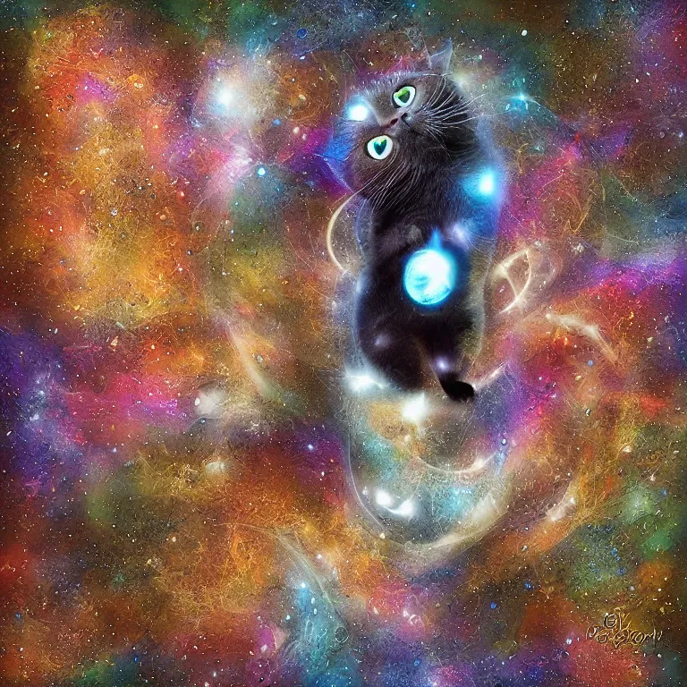 Prompt: an interdimensional cat, showing the secret of life, universe and everything, digital art