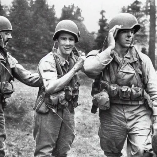 Prompt: World War 2 photo of soldiers fighting with finger guns