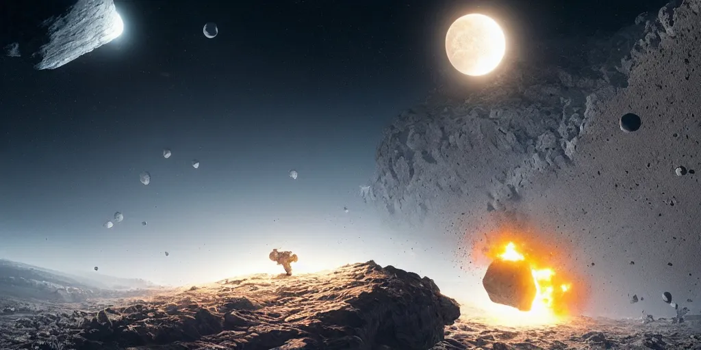 Prompt: huge asteroid destroying the moon, a lot of flying debris, greg rutkowski, 8 k, shallow depth of field, ultra high detail, concept art,