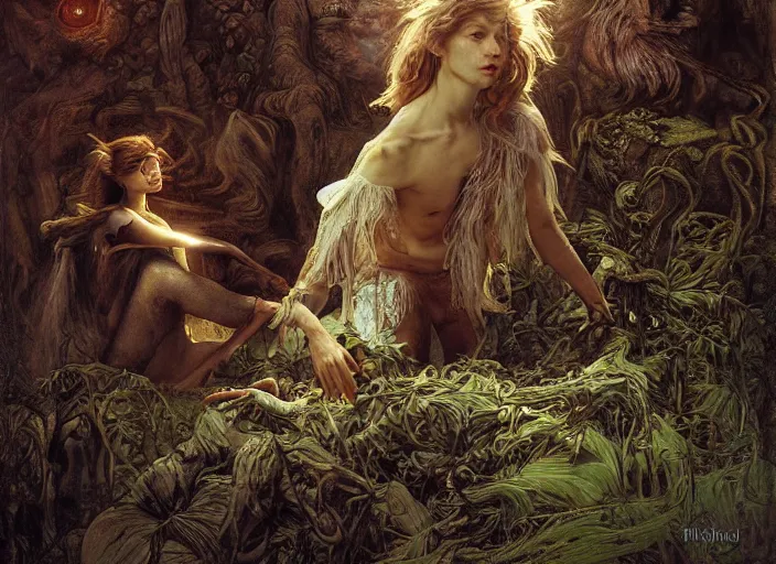 Image similar to jim henson's labyrinth. land of yore. the fairies in the bog of eternal stench flicker with pale fire like willo'- the - wisps. edgar maxence and caravaggio and michael whelan and delacroix style, artistic, intricate painting, cinematic lighting, hyper realistic, extremely detailed, vivid colors, establishing shot, dramatic lighting