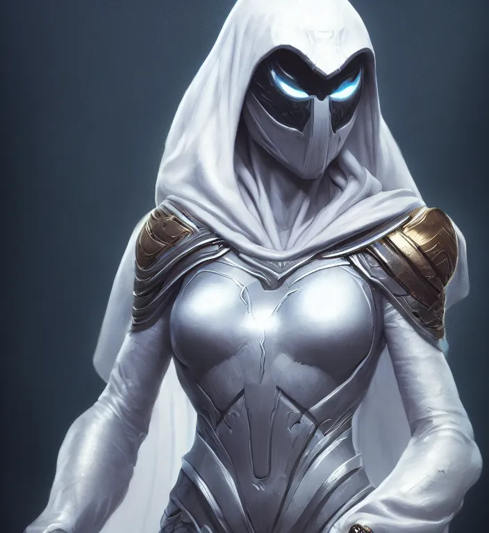 Image similar to female moon knight, hyper detailed, digital art, trending in artstation, cinematic lighting, studio quality, smooth render, unreal engine 5 rendered, octane rendered, art style by klimt and nixeu and ian sprigger and wlop and krenz cushart