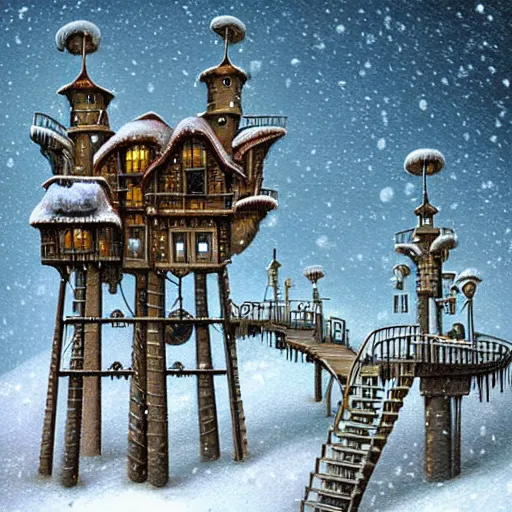 Image similar to a steampunk village on tall stilts in a snowy field, blizzard, by Naoto Hattori,