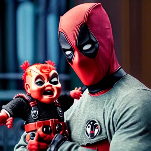 Prompt: deadpool holding chucky the killer doll from the movie child's play 8 k hdr movie still