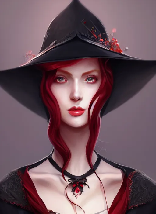 Image similar to a highly detailed illustration of tall beautiful red haired lady wearing black noir dress and black sun hat, elegant pose, perfect face, perfect body, perfect eyes, intricate, elegant, highly detailed, centered, digital painting, artstation, concept art, smooth, sharp focus, league of legends concept art, wlop.