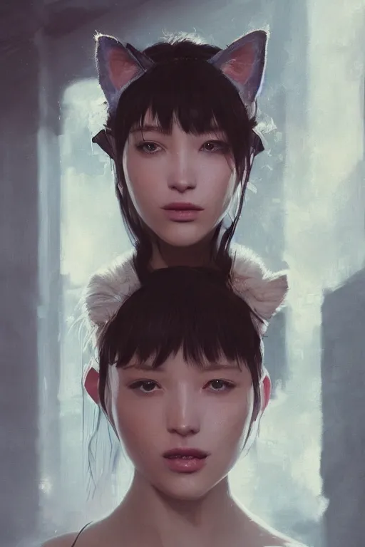 Image similar to A fancy portrait of an attractive women wearing cat ears by Greg Rutkowski, beeple, Sung Choi, Mitchell Mohrhauser, Maciej Kuciara, Johnson Ting, Maxim Verehin, Peter Konig, final fantasy, macro lens , 8k photorealistic, cinematic lighting, HD, high details, dramatic, dark atmosphere, trending on artstation