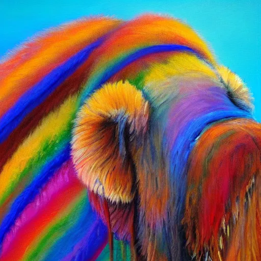 Image similar to wooly mammoth with long fluffy rainbow colored fur detailed oil painting 4k