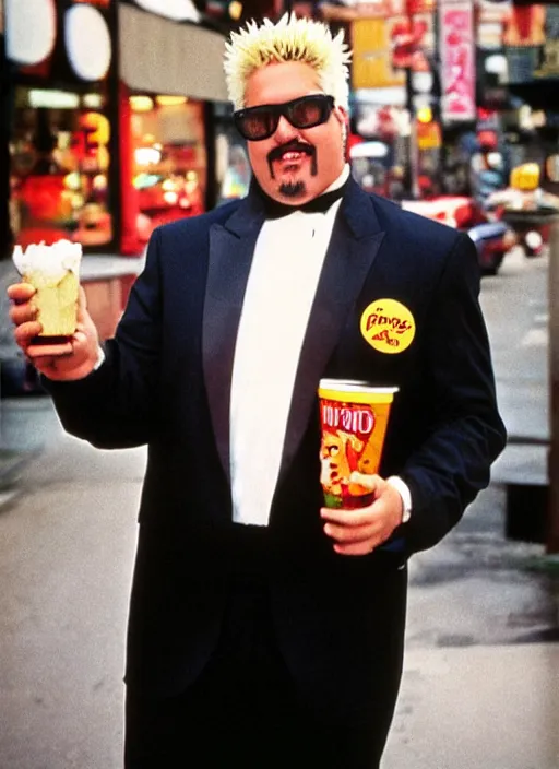 Image similar to vintage mcdonald's commercial depicting guy fieri wearing a tuxedo, by saul leiter