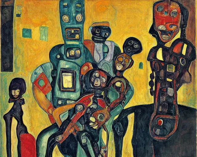 Image similar to a painting of a robot family portrait by graham sutherland, egon schiele, expressionism