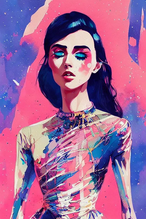 Image similar to an ultra detailed beautiful painting of a stylish woman with colorful haute couture dress, concert poster, futuristic, conrad roset, greg rutkowski