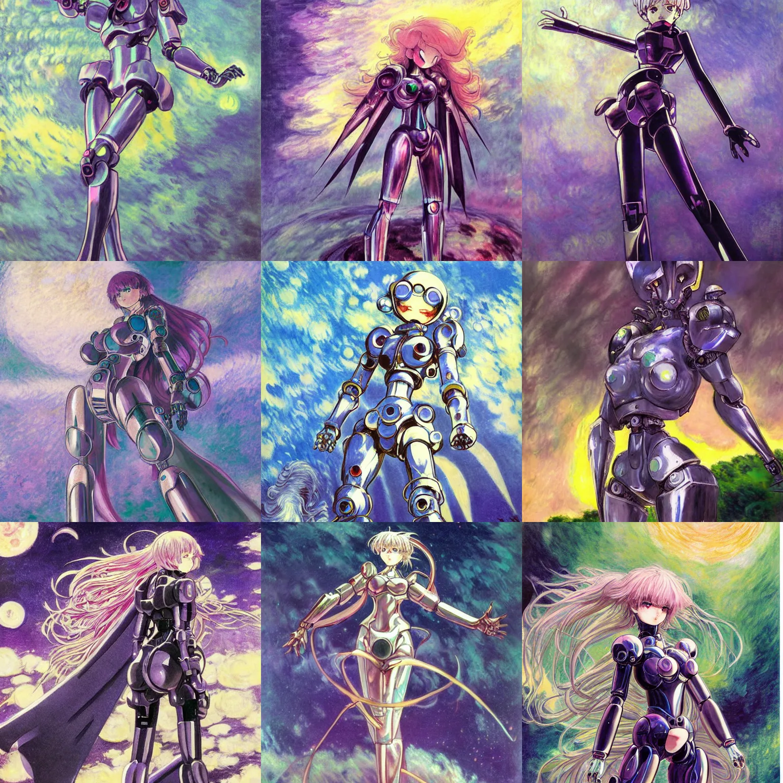 Prompt: masumune shirow shiny metallic fleshy mecha with cape, cute eerie retro anime girl, gloomy face, crystalline translucent hair, sky with swirling clouds, shining crescent moon, spiral heavens, pale pastel colours, beautiful painting by claude monet