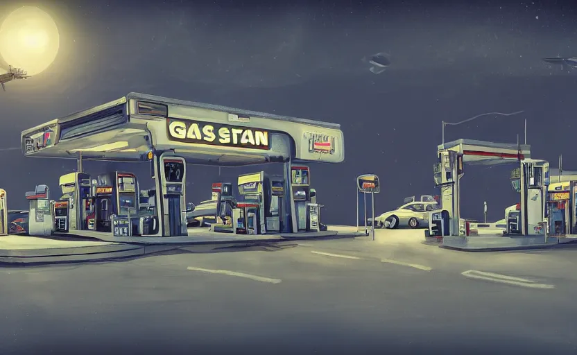 Image similar to gas station in space, 4 k, polished, photorealistic, steampunk, hard edges, zoomed in, very coherent, sharp focus, rim light, exquisite lighting, hard edges, sci - fi, print, cinematic, game art, concept art, octane