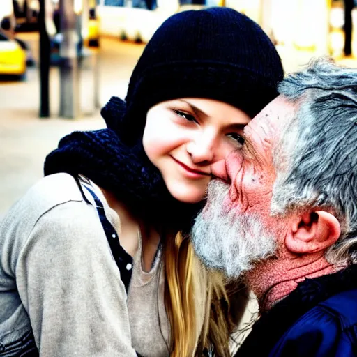 Image similar to portrait beautiful girl kissing dirty homeless old man