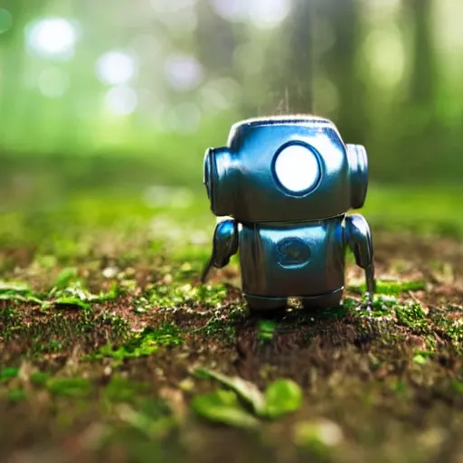 Image similar to A tiny, tin robot, in a green forest holding a leaf over his head to shield him from the wet rain. dew drops. cinematic lighting, cute.