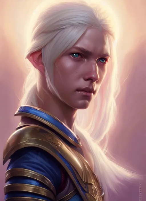 Image similar to a fantasy style portrait painting of shy white female paladin with blonde hair and blue eyes shy scarred left eye, holy oil painting unreal 5 daz. rpg portrait extremely detailed artgerm greg rutkowski _ greg