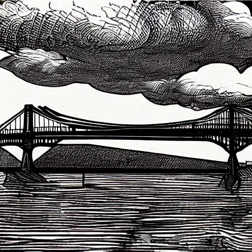 Image similar to steel suspension bridge built in 1 9 2 8, side view, clouds in background, woodcut style, 4 k