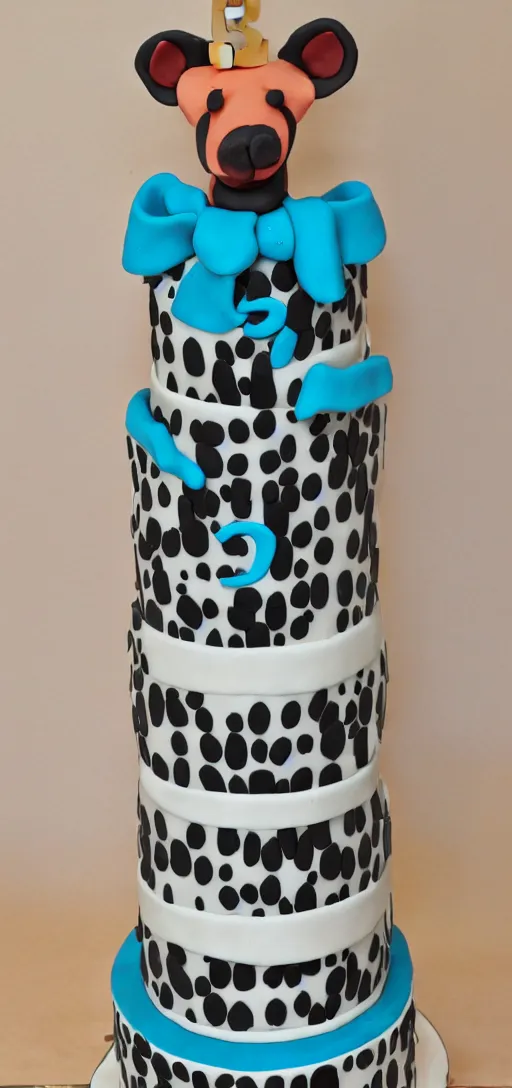 Image similar to tall 3 tiered birthday cake with a hyena laying on each tier of the cake