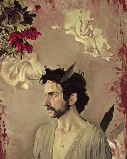 Prompt: a beautiful and eerie baroque painting of a beautiful but sinister man in layers of fear, with haunted eyes, 1 9 7 0 s, seventies, floral wallpaper, wilted flowers, a little blood, morning light showing injuries, delicate embellishments, painterly, offset printing technique, by brom, robert henri, walter popp