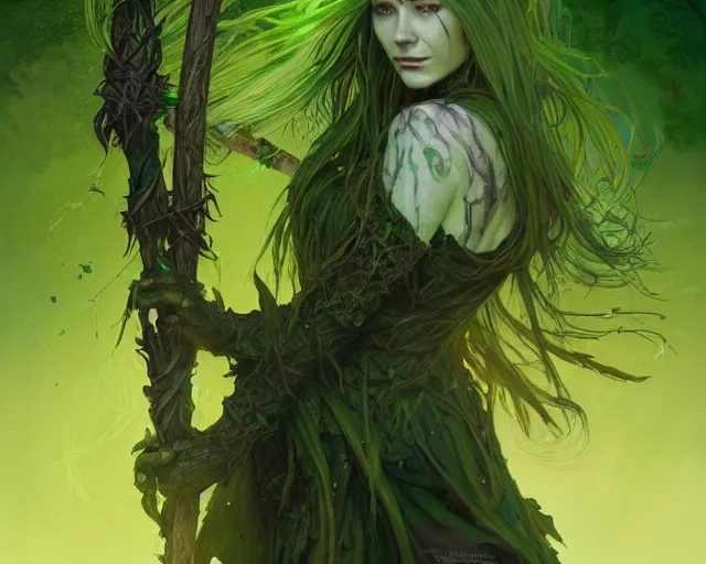 Prompt: portrait of a swamp witch, green skin, green hair, holding a caduceus staff, messy hair, d & d, fantasy, intricate, elegant, highly detailed, digital painting, artstation, concept art, matte, sharp, illustration, hearthstone, art by artgerm and greg rutkowski and alphonse mucha